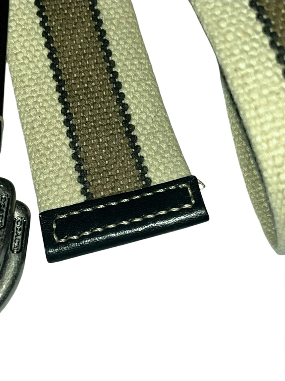Coach Men's Canvas Double-Ring Belt in Cream and Brown with Black Leather Tab